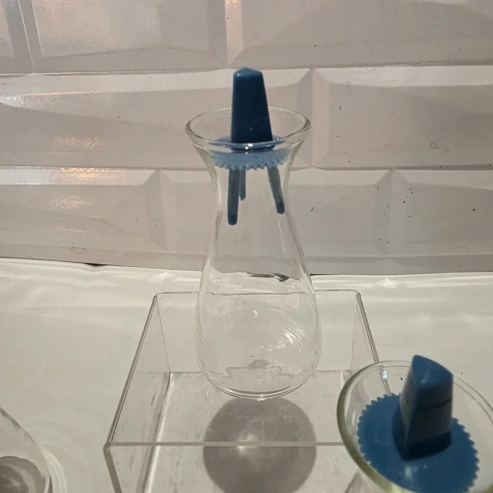 3-Pyrex Corelle MCM Clear Salt & Pepper Shakers 1970's Glass Vintage Blue Tops